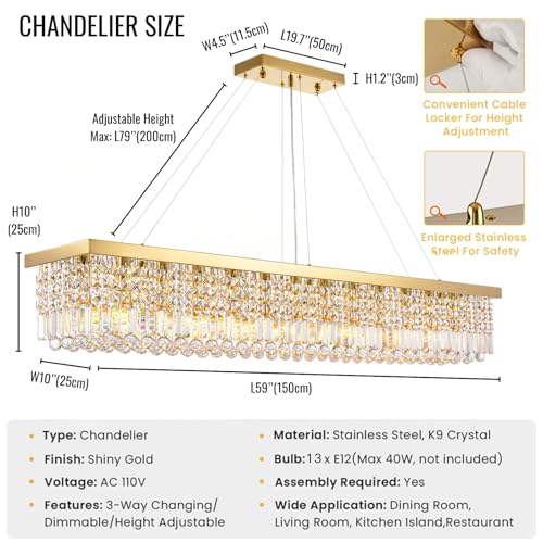 Large Rectangular Gold Crystal Chandelier for Dining Room