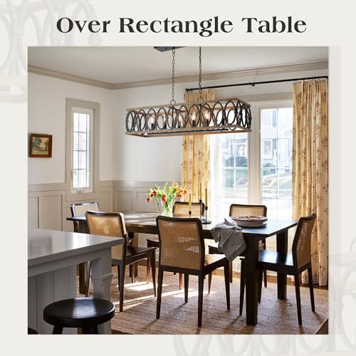 L39.4 Rustic Farmhouse Rectangle Chandelier for Dining Room Kitchen Island Lights Cage Pendant Light Fixture Black and Brown Metal Hanging Lighting Retro Vintage Linear Chandeliers 6
