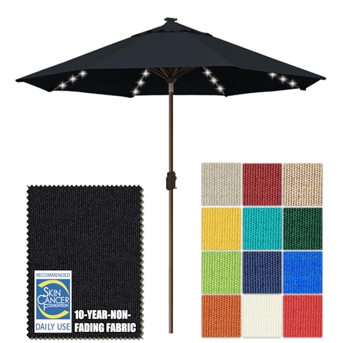 USA 10-Year-Non-Fading 10ft Market Patio Umbrella, Commercial Grade Table Sun Umbrella with 80 Solar LED Lights, Crank Open, Windproof & UPF 50+ UV Protection for Garden, Deck, Pool, Backyard, Black