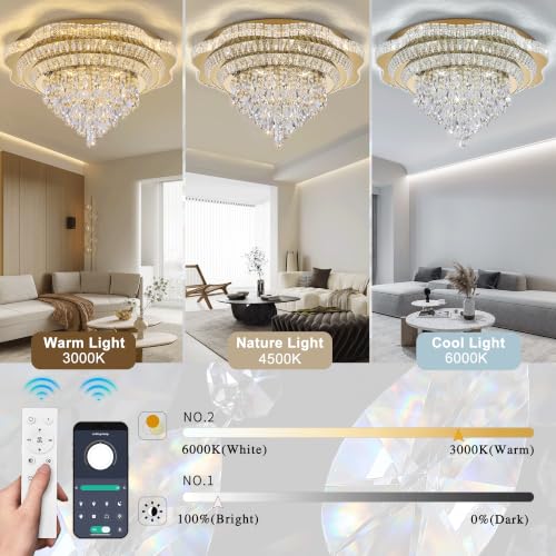 30" Gold Crystal Flush Mount Chandelier Modern LED Ceiling Light Fixture