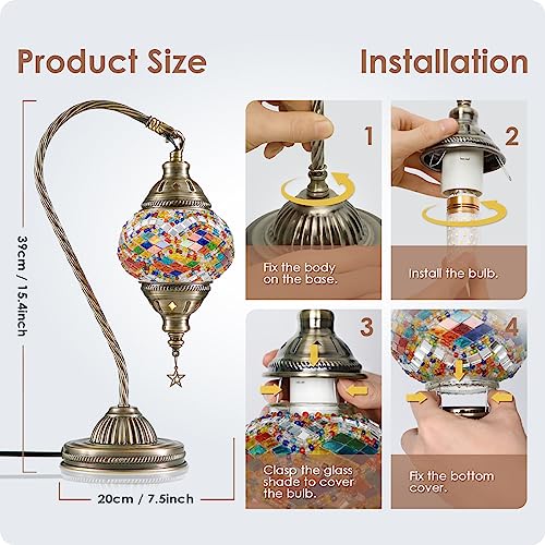 Turkish Moroccan Lamp with Bronze Base 3 Color Options Handmade Swan Neck Mosaic Glass Bedside Lamps for Bedroom