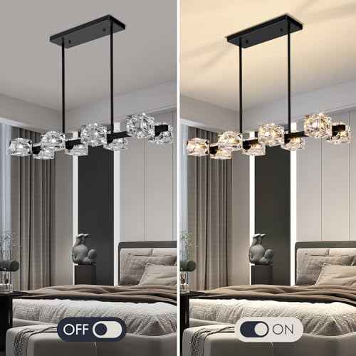 Black Chandeliers for Dining Room, Modern Crystal Pendant Lights Fixture with Cube Shade, 8-Lights Farmhouse Hanging Dining Light Fixtures Over Table for Kitchen Island, Living Room, Bedroom (G9 Base)