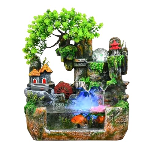 Upgraded Resin Tabletop Waterfall Fountain with LED Mist & DIY Rockery Landscape