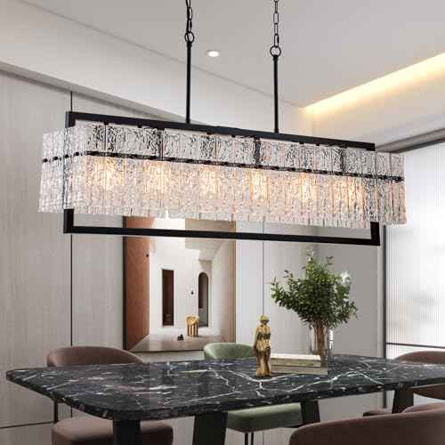 6-Light Black Linear Chandeliers for Dining Room, 42 Inch | Water Ripple Glass, Height Adjustable, E26 Base, Large Black Rectangle Kitchen Island Lighting for Living Room Over Table