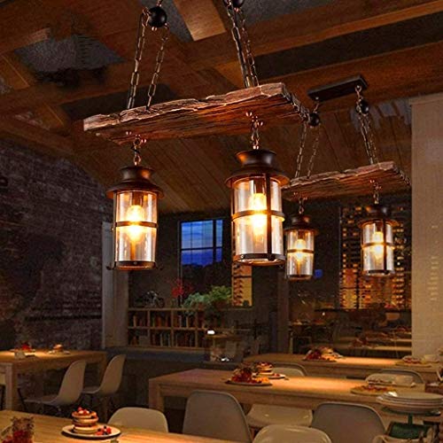 Wood Retro Pendant Lighting Industrial Vintage Chandelier Black Metal Bedroom Restaurant Suspension Lamp Cage Frame with Glass Shade House Loft Bar Coffee Decoration Ceiling Lights Fitting (2 Count)