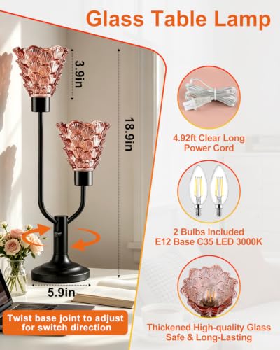 Mid Century Modern Table Lamp Vintage Pink Glass Lamp Dimmable