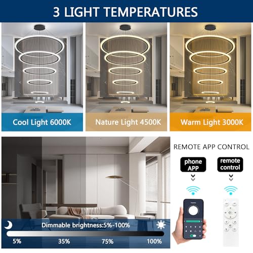 Modern LED Dimmable Chandelier 6 Ring High Ceiling Large Chandelier for Living Room Hanging Light Fixture for Foyer Staircase Black