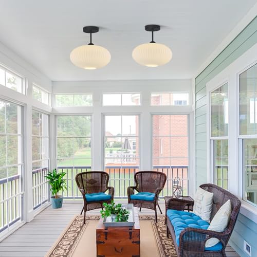 White Ribbed Glass Flush Mount Ceiling Light Large Vintage Milk Glass Semi Flush Mount Light Farmhouse Black Ceiling Light Fixtures Mid Century Modern Hallway Light Fixtures (2 Count)