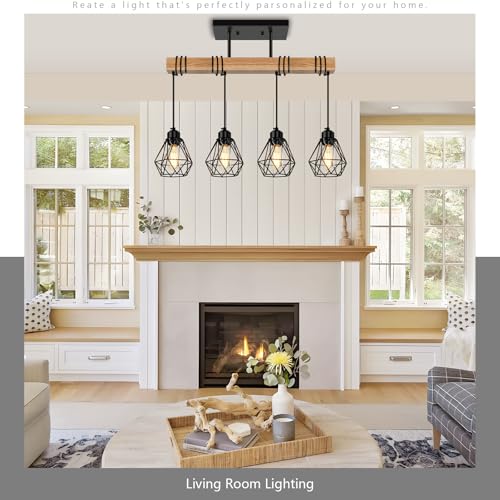 4 Lights Farmhouse Wood Kitchen Island Lighting