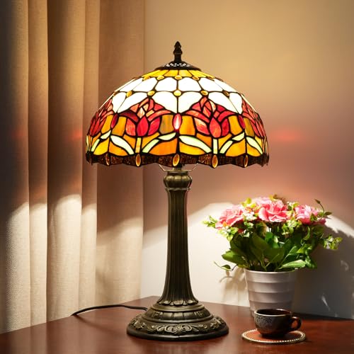 Tiffany Table Lamp Stained Glass Lamp Antique Nightstand Bedside Accent Desk Light for Bedroom Living Room Home Office Light +LED Bulb