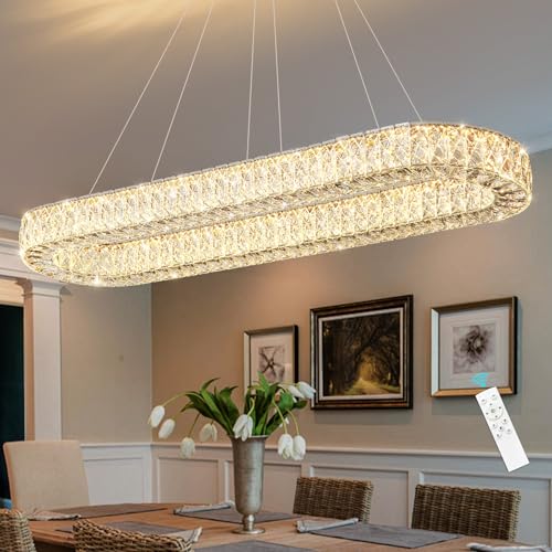 Modern Oval Chandelier Rectangular K9 Crystal Chandeliers for Dining Room Dimmable LED Light Fixture with Remote for Living Room Kitchen Light Gold