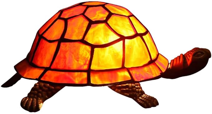 Bieye L10721 Tortoise Tiffany Style Stained Glass Accent Table Lamp for Home Decor (Dark Red)