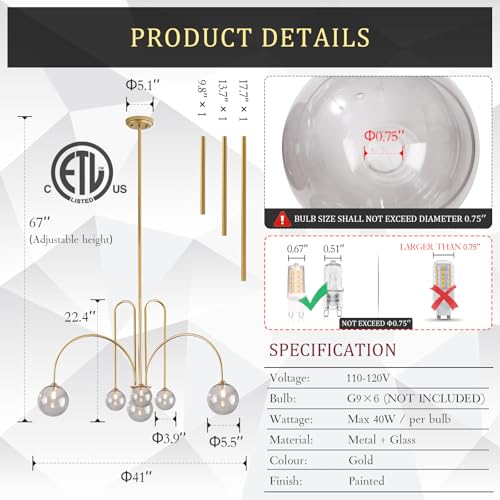 Modern 40" 6 Light Gold Sputnik Chandelier with Smoke Glass Globe