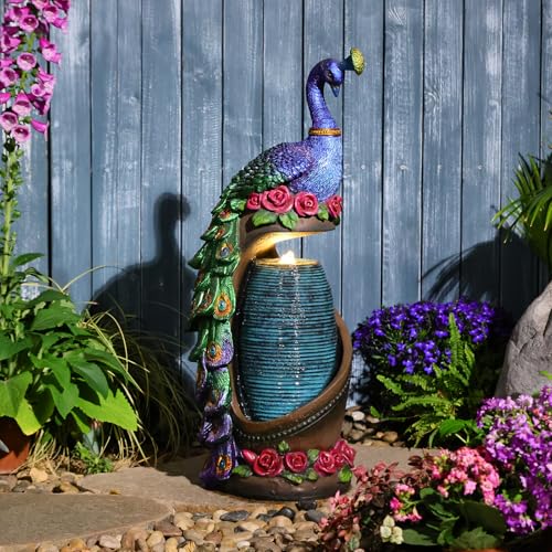 32" Peacock Sculpture Waterfall Fountain Indoor with LED Lights