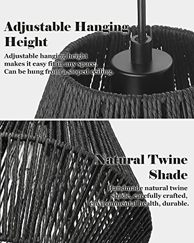 16.5” Large Modern Woven Chandelier Farmhouse Coastal Pendant Light Fixtures Matte Black Handwoven Rattan Basket Shade Boho Pendant Hanging Lamp for Kitchen Dining Room Bedroom Foyer Hallway