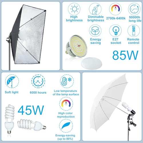 Upgraded LED Bulb] Photography Lighting Kit 8.5x10ft Backdrop Support System and LED Softbox Set