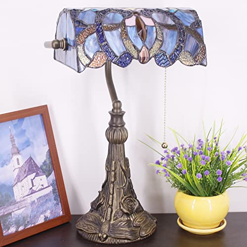 Tiffany Banker Lamp Small Stained Glass Table Lamp Blue Purple Cloudy