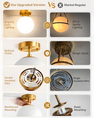 Semi Flush Mount Ceiling Light 6" Globe Mid Century Modern Light Fixture Milk Glass with Gold Brass Finish Light Fixtures for Hallway Entryway Kitchen Island Closet Laundry Bathroom