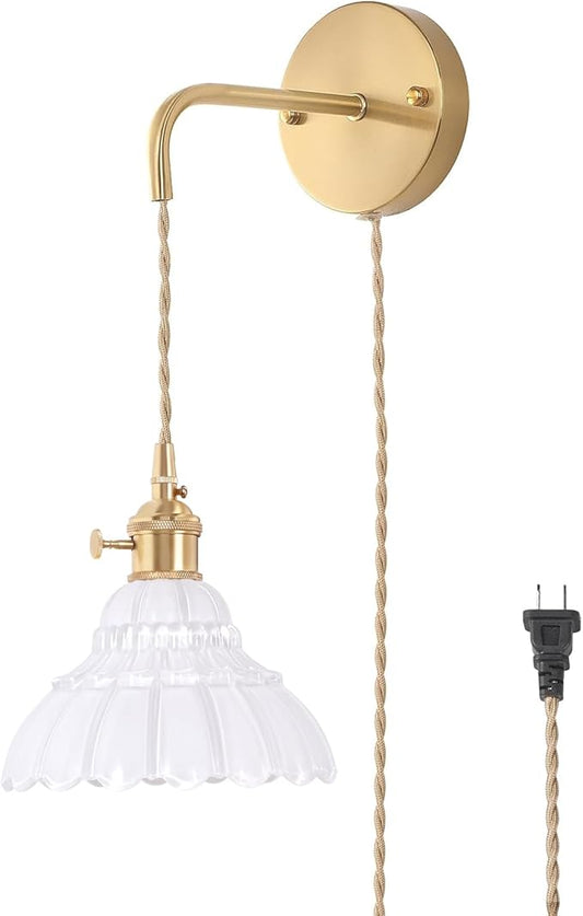 Vintage Wall Sconce with White Lily of The Valley Glass Shade Hanging Wall Sconce with 4.9FT Plug in Cord, Modern Wall Lamp Fixtures Decor for Bedside Bedroom Indoor Doorway - Aura Lighting