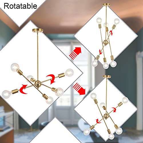 Modern Sputnik Chandelier Lighting 6 Lights Brushed Brass Chandelier Mid Century Pendant Lighting Gold Ceiling Light Fixture for Hallway Bar Kitchen Dining Room