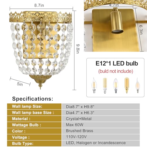 Vintage Crystal Wall Sconces Set of 2 Hardwired Brushed Brass Finish (2 Count)