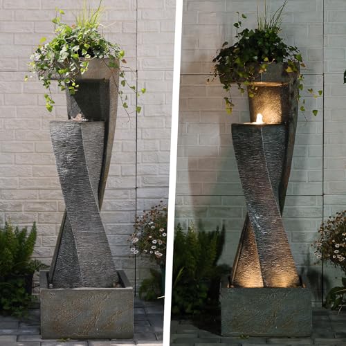 47.2" H Garden Fountains Outdoor Modern Water Fountain Indoor Floor Standing Large Waterfall with LED Lights and Pump for Patio Decor