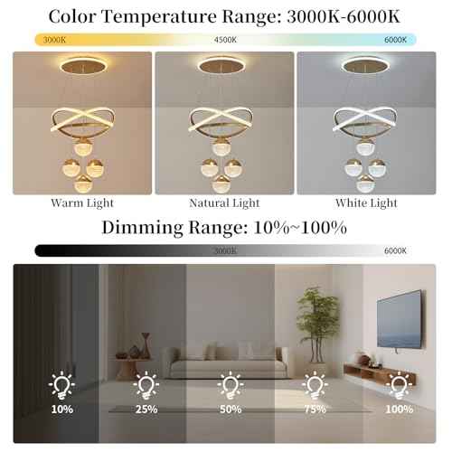 Gold LED Chandeliers, 3-Color Dimmable Pendant Light Dining Room Light Fixtures for Kitchen Island Adjustable Modern Chandeliers for Dining Room Living Room Bedroom