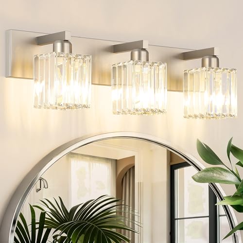Brushed Nickel Vanity Light Bathroom Lighting Fixtures 3 Light Crystal Modern Bathroom Vanity Light