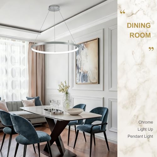 Nickel LED Ring Chandelier 24" Remote Control Dimmable Flush Mount Pendant Chandelier for Dinning Room Office Kitchen Living Room