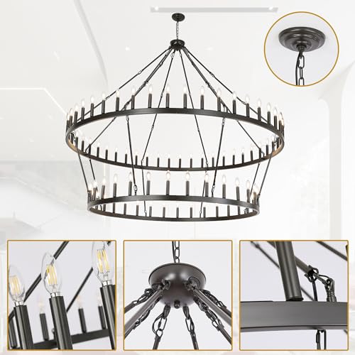 Rustic Farmhouse Wagon Wheel Chandelier Oil Rubbed Bronze Large Chandeliers for High Ceilings 2 Tier 80Lights 78.7 Inch for Dining Room Living Room Foyer Porch Kitchen Island
