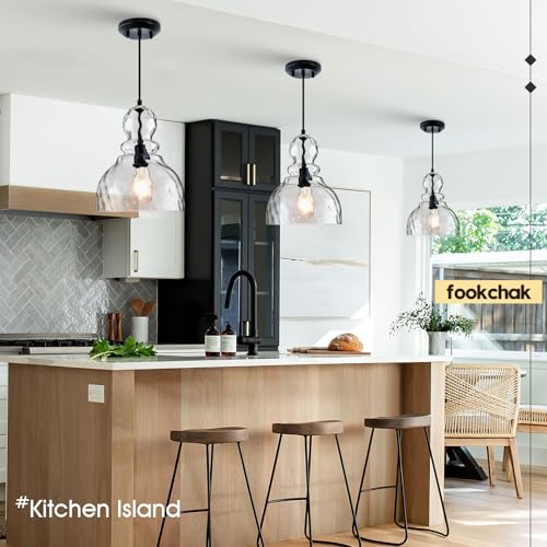 Hammered Glass Pendant Light for Kitchen Island Black Pendant Hanging Light 10inch Large Glass Pendant Lights for Kitchen Sink Dining Room Hallway Entrance
