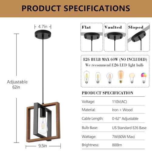 Industrial Small Pendant Lighting, Farmhouse Kitchen Island Hanging Lamp with Cord, Wood+Metal,1 Light E26 Fixture for Dining Room Bedroom Hallway Entryway,9.5 inch