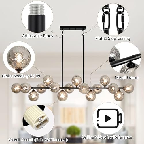 55" Linear Chandeliers for Dining Room Light Fixture 16 Lights Large Sputnik Chandelier Modern Chandelier Smoke Grey Swirled Globe Farmhouse Chandelier Island Lights for Kitchen