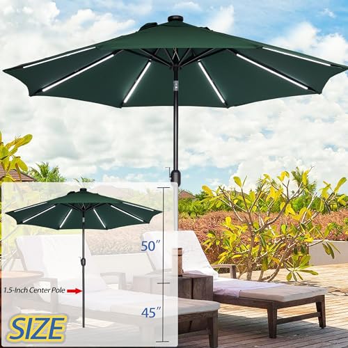 9FT Patio Umbrella with Solar Lights 8 LED Lights Dark Green