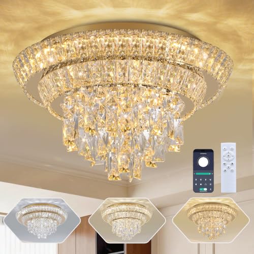 18" Gold Crystal Flush Mount Chandelier Modern LED Ceiling Light Fixture