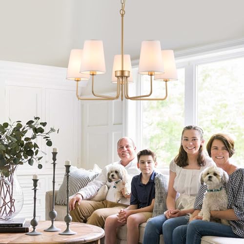 AMZASA Farmhouse Chandelier, 5-Lights Visual Comfort Gold Light, Muted Gold with White Fabric Shade, Linear Island Lighting Fixture for Kitchen, Dining Room
