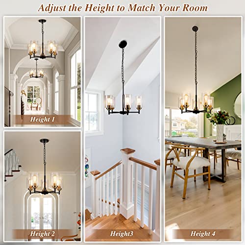 Sucolite 19.8'' Dia 5-Light Chandelier for Dining Room Kitchen Island, Modern Farmhouse Pendant Lighting with Glass Shades Black & Gold Ceiling Light Fixture for Living Room, Height Adjustable