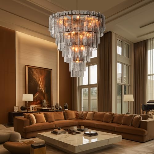 47" Extra Large Tiered Smoked Clear Textured Glass Chandelier