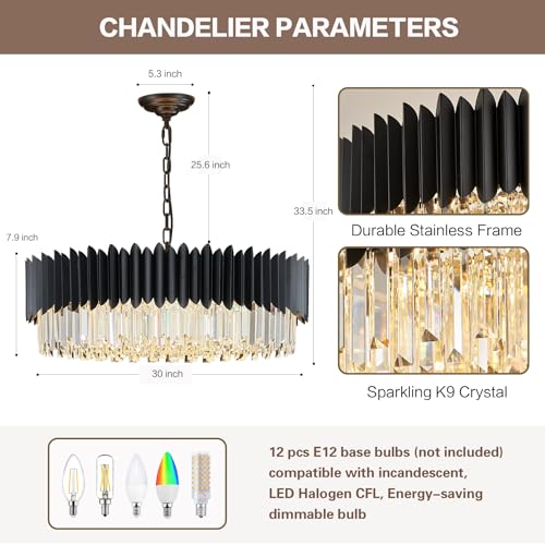 30" Modern Black Crystal Chandelier 12 Lights 6