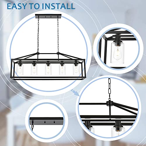 Kitchen Island Lighting 5 Light Modern Farmhouse Metal Cage Chandeliers with Clear Glass Shade Black Industrial Rectangle Dining Room Light Fixture Hanging Pendant Lamp for Foyer Bar Entryway