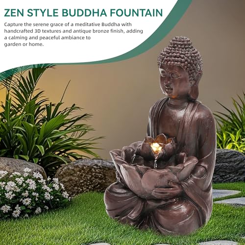 AUTODAYA 18.9" H Buddha Statue Outdoor Water Fountain with Warm LED Lights