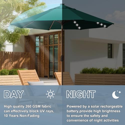 USA 10-Year-Non-Fading 10ft Market Patio Umbrella, Commercial Grade Table Sun Umbrella with 80 Solar LED Lights, Crank Open, Windproof & UPF 50+ UV Protection for Garden, Deck, Pool, Backyard, Forest Green