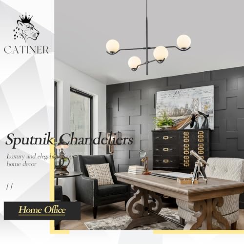 Modern 31" 4 Light Black Sputnik Chandelier with Milk Glass Globe (4 Count)