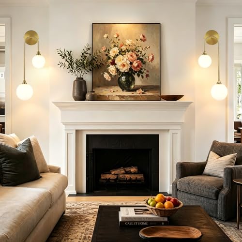 Mid Century Modern Wall Sconce Set of 2 Brushed Gold Milk Glass Sconces with Double Ball Hardwired Wall Light for Bedside Bedroom Bathroom Living Room Corridor G9 Base