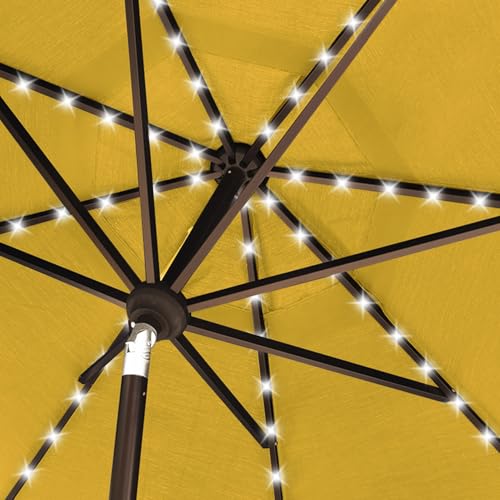 USA 10-Year-Non-Fading 10ft Market Patio Umbrella, Commercial Grade Table Sun Umbrella with 80 Solar LED Lights, Crank Open, Windproof & UPF 50+ UV Protection for Garden, Deck, Pool, Backyard, Sunflower Yellow