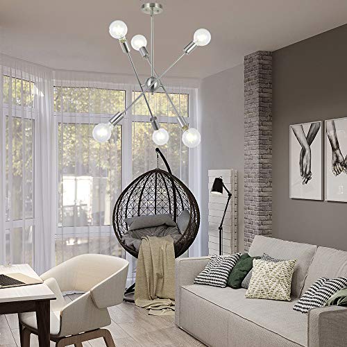 Sputnik Chandelier 6 Lights Modern Pendant Lighting Brushed Nickel Mid Century Flush Mount Ceiling Light Fixture by UL Listed