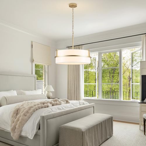 19.7" Modern Drum Pendant Light Gold Chandeliers with White Linen Shade