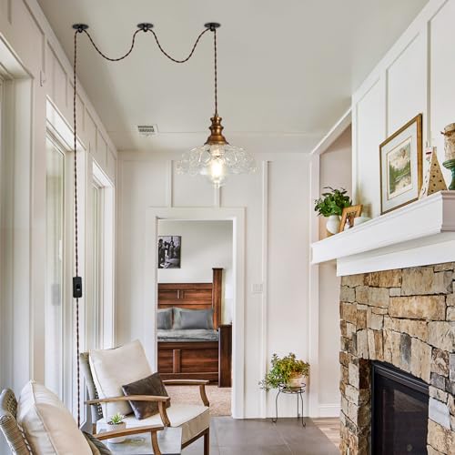 Plug in Pendant Light Industrial Pendant Lighting with Plug in Cord 9.8ft Hanging Lamps Clear Glass Shade ‎Bronze Light Fixture for Living Room Kitchen Dining Room Bedroom
