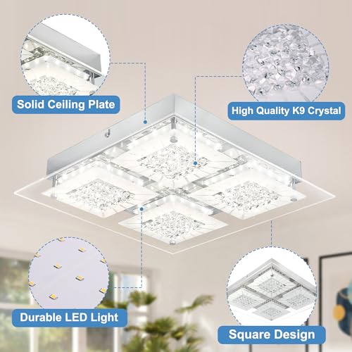 LED Ceiling Light Square Crystal Flush Mount Ceiling Light Chrome Dimmable
