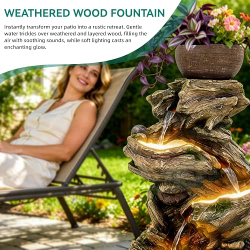 33" Rustic Tree Trunk Outdoor Water Fountain with Planters